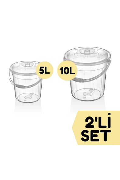 2'li 10-5 Litre Kapaklı Su Kovası Şeffaf Un Bakliyat Patates Soğan Saklama Temizlik Bahçe Kovası