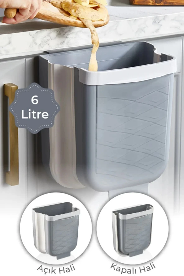 Gri 6 Litre Katlanabilir Askılı Banyo Mutfak Çöp Kovası Tezgah Üstü Akordiyon Fonksiyonel