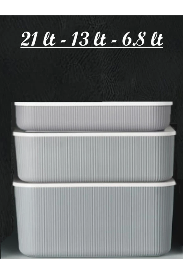 3 Lü Set Storage Gri 21 LT - 13 LT - 6,8 LT Dolap Düzenleyici Kapaklı Kutu Organizer