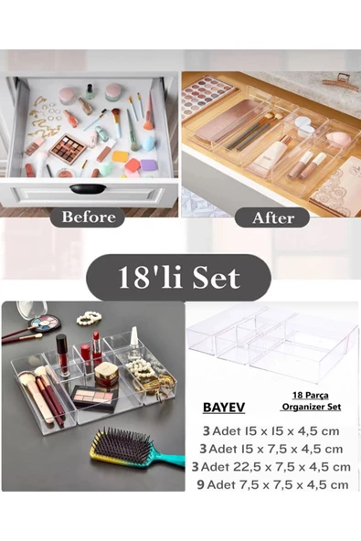 18 Parça Banyo Mutfak Çekmece Içi Düzenleyici Lv 216 (X3) Set Takı Makyaj Kutusu Kalemlik Kaşıklık - 2