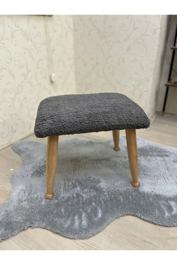 Asedia Trend Naturel Teddy Antrasit Ahşap Ayak Uzatma Pufu Makyaj Koltuğu Bench Tabure