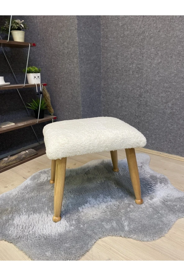 Asedia Trend Naturel Teddy Krem Ahşap Ayak Uzatma Pufu Makyaj Koltuğu Bench Tabure