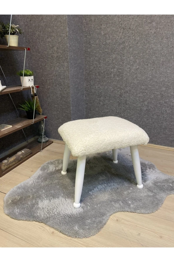 Asedia Trend Lake Teddy Krem Ahşap Ayak Uzatma Pufu Makyaj Koltuğu Bench Tabure - Resim 2