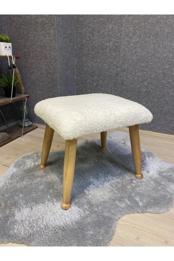 Asedia Trend Naturel Teddy Krem Ahşap Ayak Uzatma Pufu Makyaj Koltuğu Bench Tabure - Resim 2