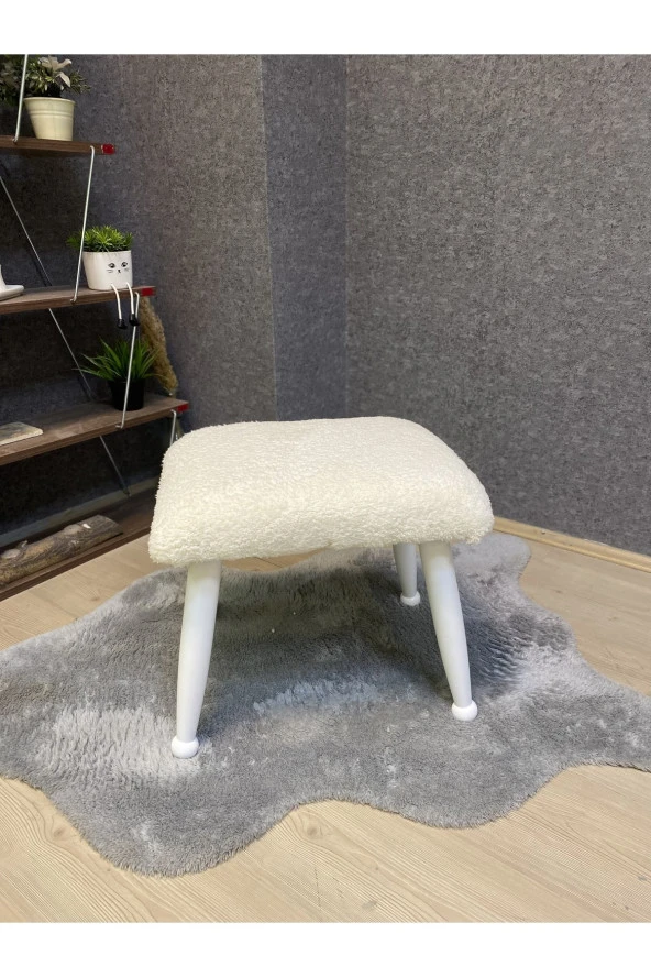 Asedia Trend Lake Teddy Krem Ahşap Ayak Uzatma Pufu Makyaj Koltuğu Bench Tabure - Resim 3