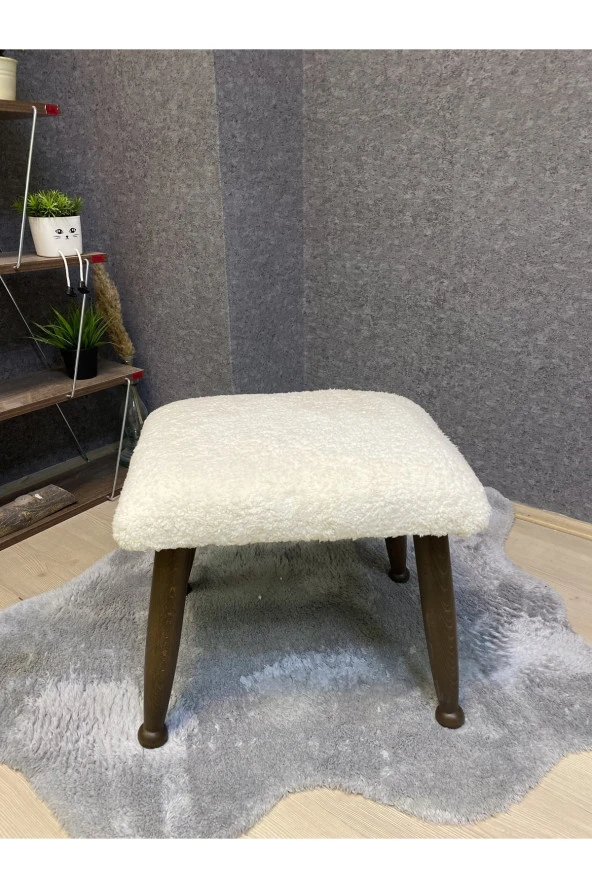 Asedia Trend Ceviz Teddy Krem Ahşap Ayak Uzatma Pufu Makyaj Koltuğu Bench Tabure - Resim 3