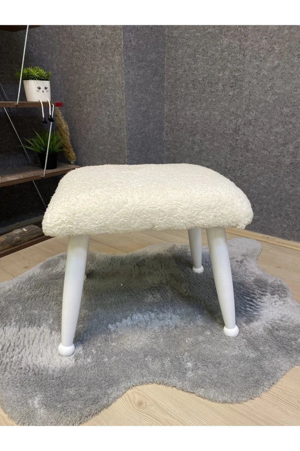 Asedia Trend Lake Teddy Krem Ahşap Ayak Uzatma Pufu Makyaj Koltuğu Bench Tabure - Resim 4