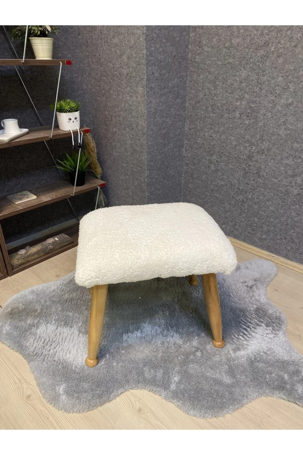 Asedia Trend Naturel Teddy Krem Ahşap Ayak Uzatma Pufu Makyaj Koltuğu Bench Tabure - Resim 3