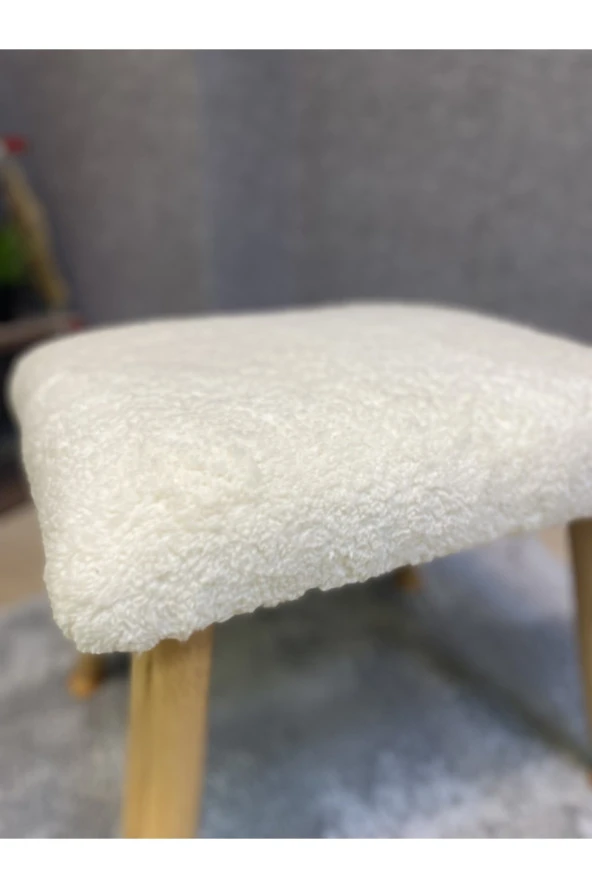 Asedia Trend Naturel Teddy Krem Ahşap Ayak Uzatma Pufu Makyaj Koltuğu Bench Tabure - Resim 4