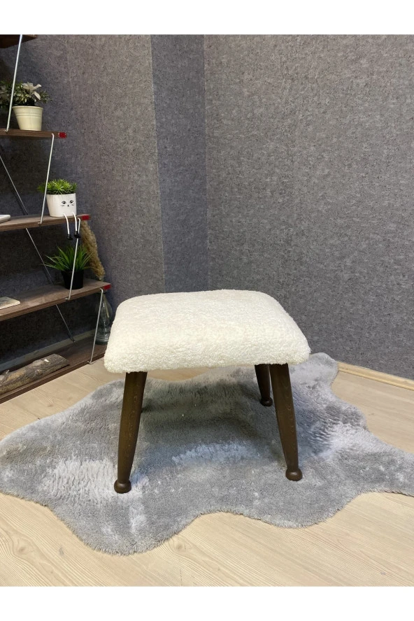 Asedia Trend Ceviz Teddy Krem Ahşap Ayak Uzatma Pufu Makyaj Koltuğu Bench Tabure - Resim 4