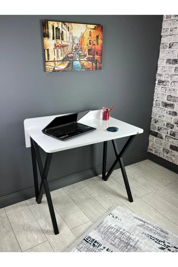 Hey Modüler Mobilya Hayal Beyaz Çalışma Masası Bilgisayar Ofis Masası Metal Siyah Ayaklı 90 Cm