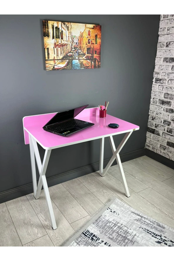 Hey Modüler Mobilya Hayal Pembe Çalışma Masası Bilgisayar Ofis Masası Metal Beyaz Ayaklı 90 Cm