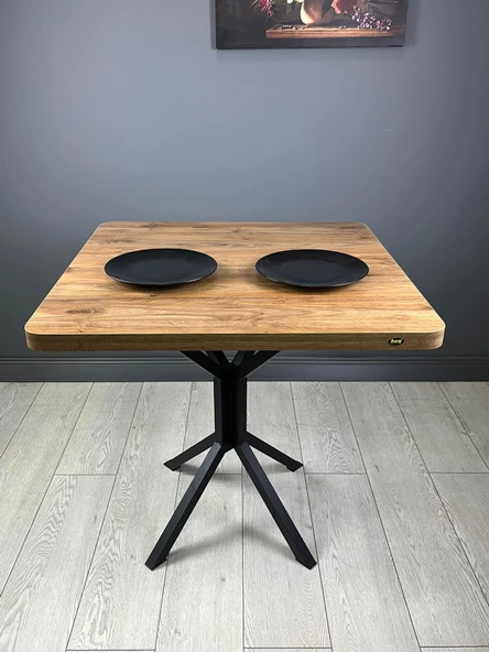 Hey Modüler Mobilya Roma Ceviz Mutfak Yemek Masası Balkon Masası Kavisli Köşe Metal Siyah Ayak 80 Cm