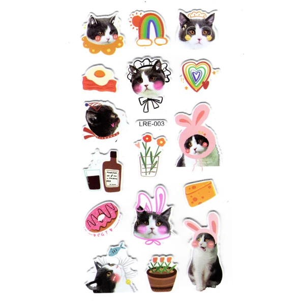 Sticker Kabartmalı Stiker Defter, Planlayıcı Etiket (lre-003) - 17X9 cm - Komik Şapkalı Kedi