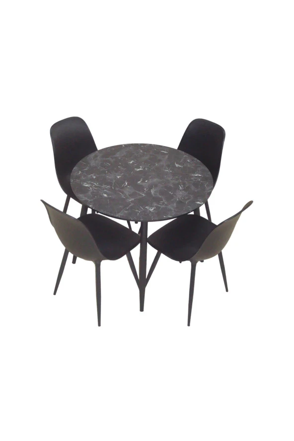 Yemek Masası Mutfak Masası 90q Yuvarlak Metal Ayaklı Siyah Masa, 4 Adet Abant Metal Ayaklı Sandalye