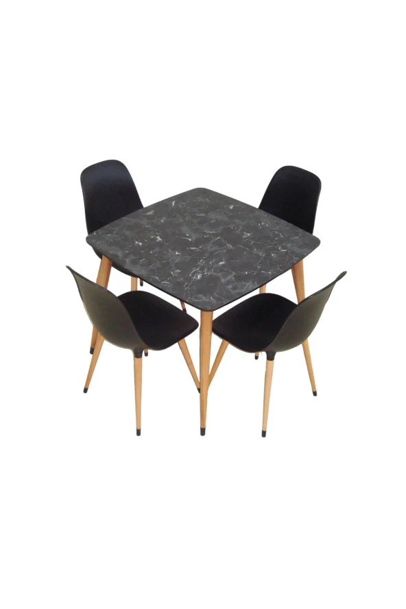 Yemek Masası Mutfak Masası 90x90 Kare Ahşap Ayaklı Siyah Masa, 4 Adet Abant Ahşap Ayaklı Sandalye