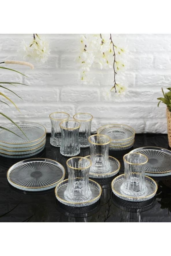 18 Parça 6 Kişilik Gold Yaldızlı Çay Seti Takımı - Pasta tabağı, Çay Bardağı, Çay Tabağı - 2