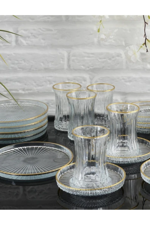 18 Parça 6 Kişilik Gold Yaldızlı Çay Seti Takımı - Pasta tabağı, Çay Bardağı, Çay Tabağı - 3