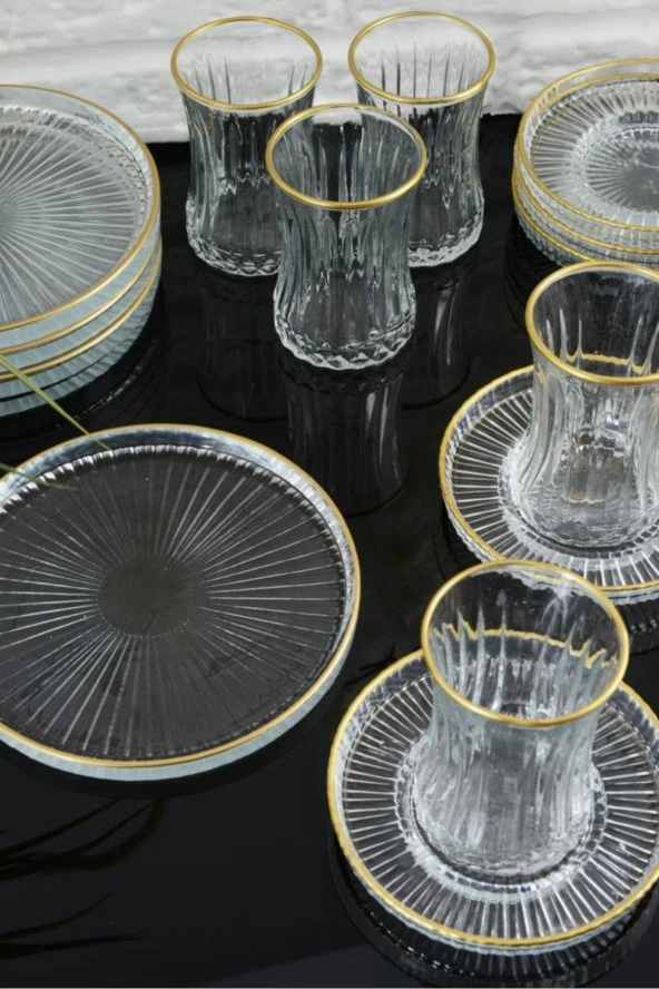 18 Parça 6 Kişilik Gold Yaldızlı Çay Seti Takımı - Pasta tabağı, Çay Bardağı, Çay Tabağı - 4