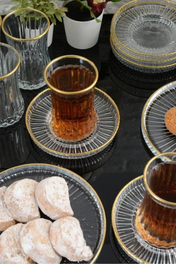 18 Parça 6 Kişilik Gold Yaldızlı Çay Seti Takımı - Pasta tabağı, Çay Bardağı, Çay Tabağı - 5