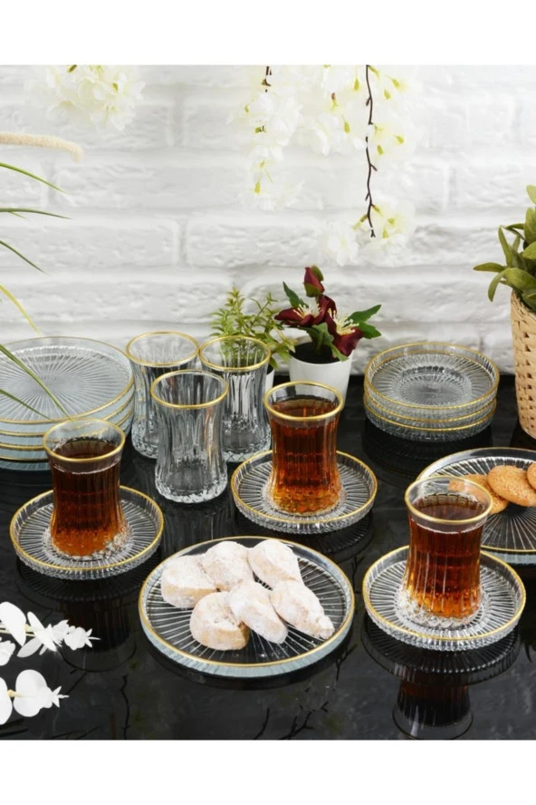 18 Parça 6 Kişilik Gold Yaldızlı Çay Seti Takımı - Pasta tabağı, Çay Bardağı, Çay Tabağı - 7
