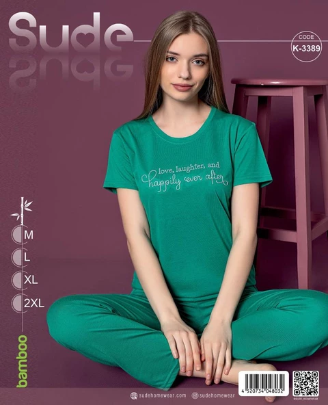 Sude K-3389 Kadın Bambu Kısa Kol Yeşil  Pijama Takımı