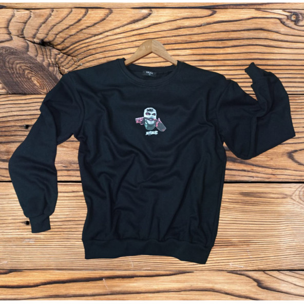 Minimal Baskılı Unisex Siyah Sweatshirt