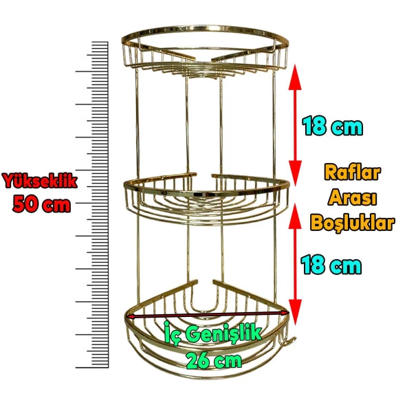 Banyo Duş Rafı Şampuanlık Köşelik Damla Gold Altın 3 Katlı Malzemelik Organizer Düzenleyici Mutfak Eşya Rafı - Resim 2