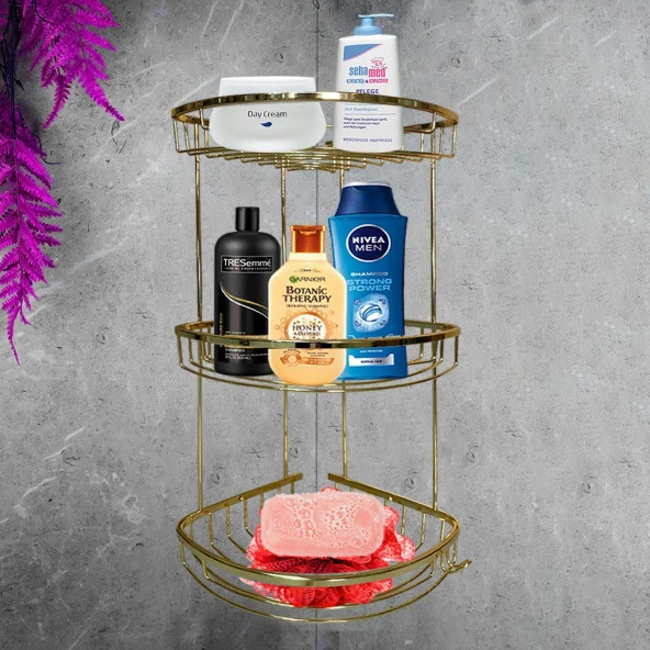 Banyo Duş Rafı Şampuanlık Köşelik Damla Gold Altın 3 Katlı Malzemelik Organizer Düzenleyici Mutfak Eşya Rafı - Resim 3