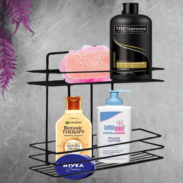 Banyo Duş Rafı Şampuanlık Köşelik Kare Siyah 2 Katlı Malzemelik Organizer Düzenleyici Mutfak Eşya Rafı - Resim 4
