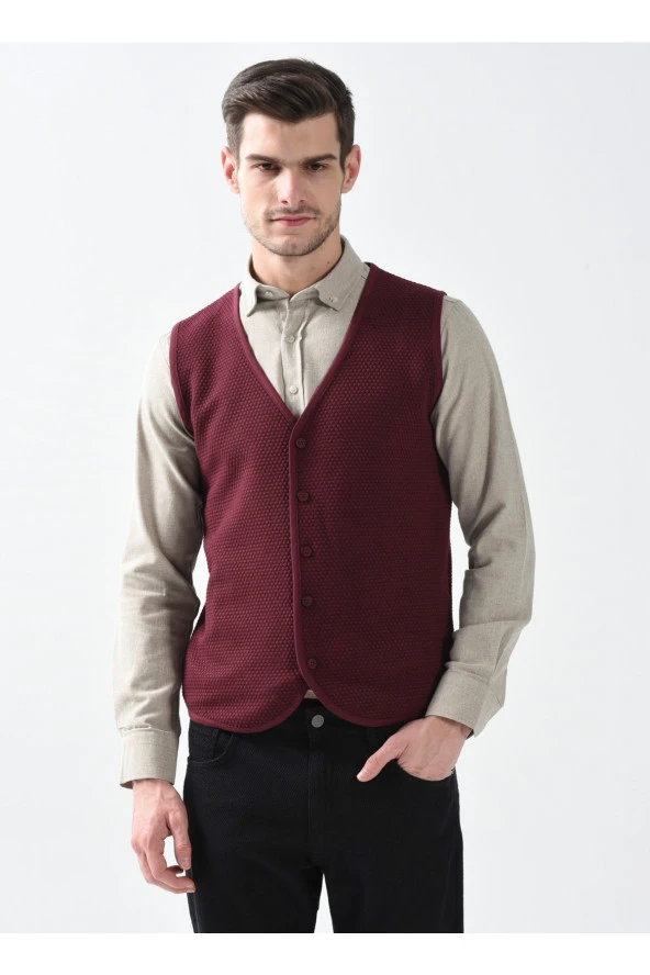 V Yaka Kapitone Koyu Bordo Erkek Kazak Tr2013700297 - 3