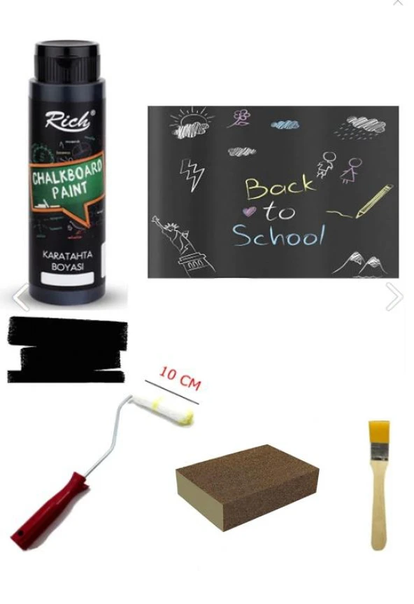 Rich Chalkboard Kara Tahta Boyası 500 Cc Siyah Rulo Zımpara Fırça Seti - 1