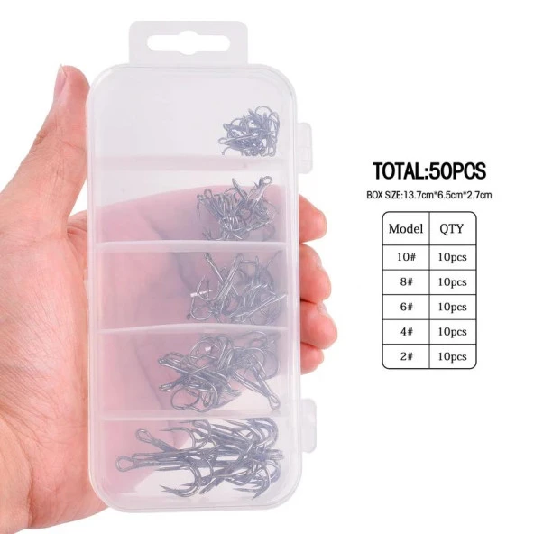 Valkyrie 50 Adet Karbon Çelik 3lü Çapa Kanca Olta İğne Seti - Kutulu - Heavy Duty Krom - 6