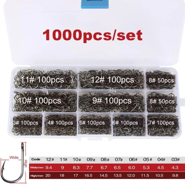 Valkyrie 1000 Adet Kutulu 1. Kalite Paslanmaz Karbon Çelik Halkalı Olta Seti 3-12 Numara - Balık Kancası - 8