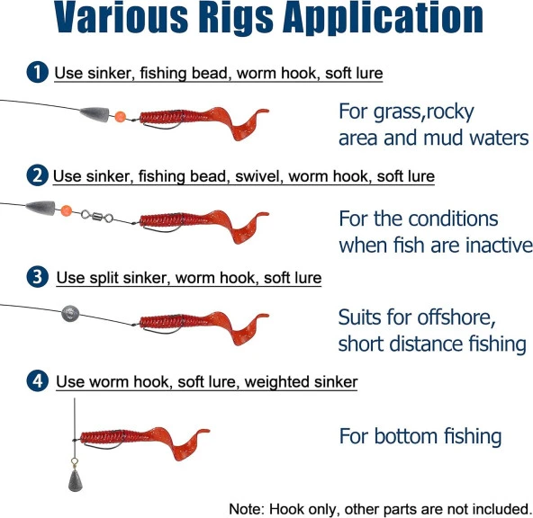 Valkyrie 50 Adet Paslanmaz Karbon Çelik Silikon Solucan Yem Balık Olta İğne Seti - Texas Rig - Kutulu Krom - 4