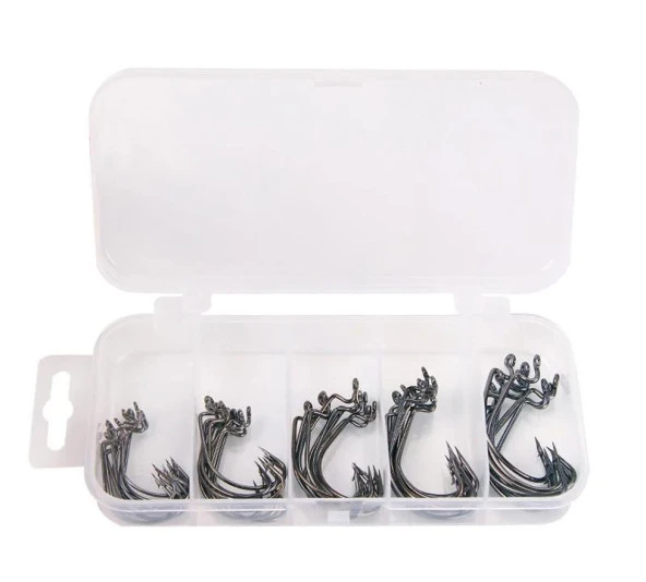Valkyrie 50 Adet Paslanmaz Karbon Çelik Silikon Solucan Yem Balık Olta İğne Seti - Texas Rig - Kutulu Krom - 5