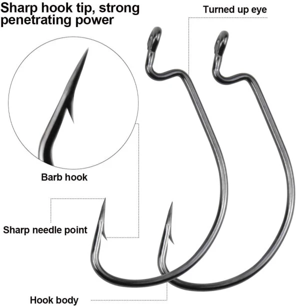 Valkyrie 50 Adet Paslanmaz Karbon Çelik Silikon Solucan Yem Balık Olta İğne Seti - Texas Rig - Kutulu Krom - 6