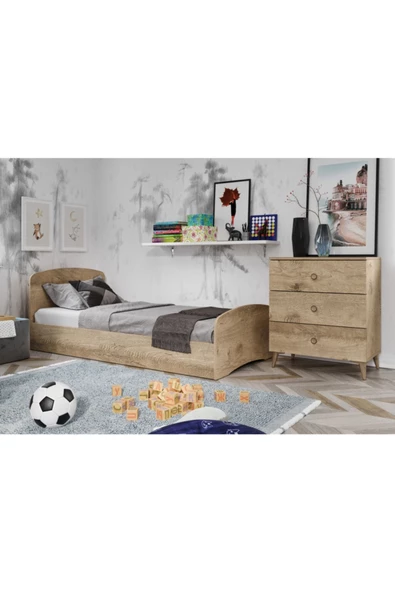 KZNMOB HOME Soft Çocuk Odası Takımı Meşe - Karyola, 3 Kapaklı Gardırop, 3 Çekmeceli Şifonyer Tamamı Mdf - 3