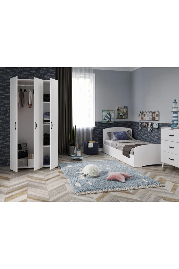 KZNMOB HOME Soft Çocuk Odası Takımı Beyaz - Karyola, 3 Kapaklı Gardırop, 3 Çekmeceli Şifonyer Tamamı Mdf - 2