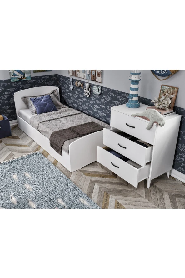 KZNMOB HOME Soft Çocuk Odası Takımı Beyaz - Karyola, 3 Kapaklı Gardırop, 3 Çekmeceli Şifonyer Tamamı Mdf - 3