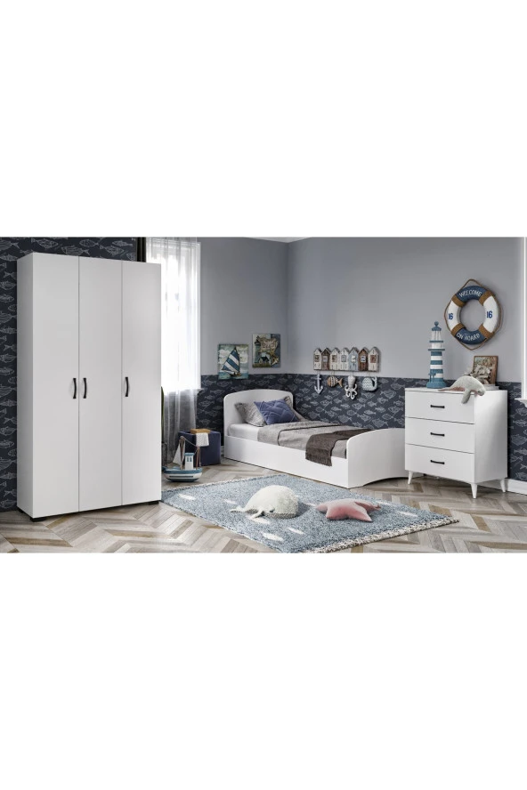 KZNMOB HOME Soft Çocuk Odası Takımı Beyaz - Karyola, 3 Kapaklı Gardırop, 3 Çekmeceli Şifonyer Tamamı Mdf - 4