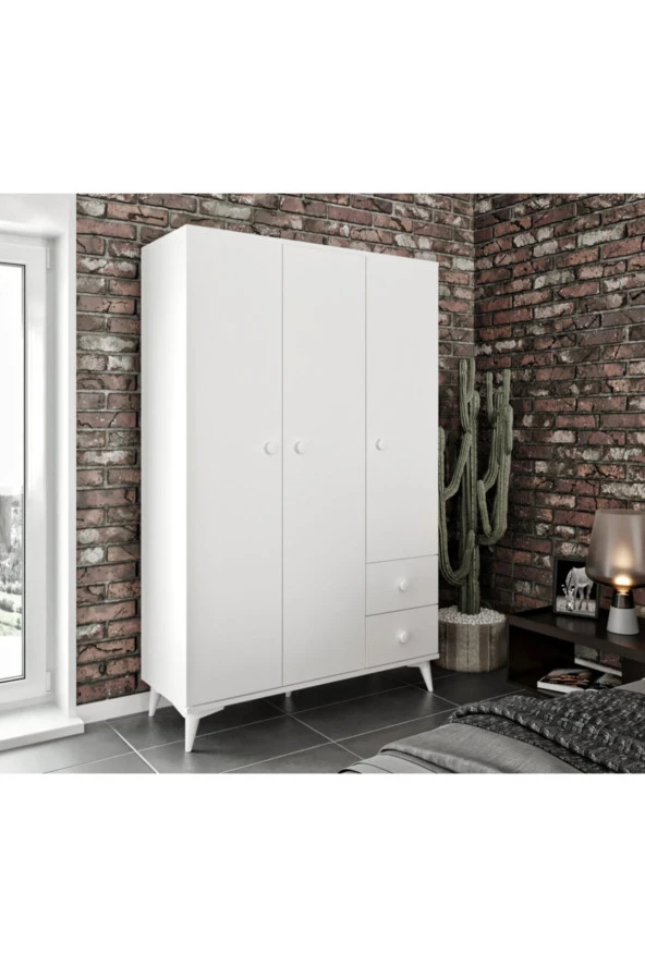 KZNMOB HOME Akasya 3 Kapaklı 2 Çekmeceli Mdf Gardrop Elbise Dolabı Beyaz - Tamamı 1. Kalite Mdf