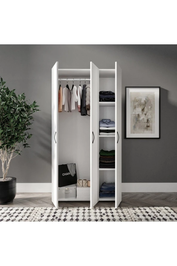 KZNMOB HOME Soft 3 Kapaklı Beyaz Gardırop, Elbise Dolabı - Tamamı 1. Kalite Mdf - 2
