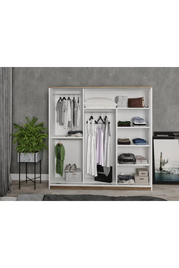 KZNMOB HOME Samira 3 Kapaklı Sürgülü Aynalı Gardrop Elbise Dolabı - Tamamı Mdf - 2