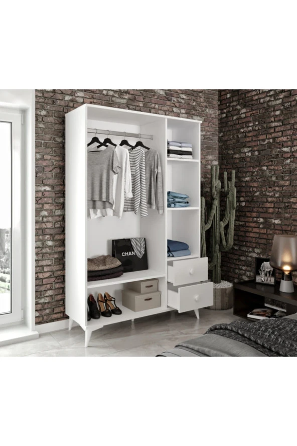 KZNMOB HOME Akasya 3 Kapaklı 2 Çekmeceli Mdf Gardrop Elbise Dolabı Beyaz - Tamamı 1. Kalite Mdf - 2