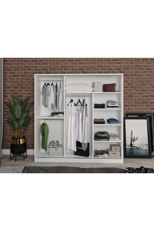 KZNMOB HOME Beyaz Samira Mdf Sürgülü Aynalı Gardrop Elbise Dolabı 3 Kapılı - 2