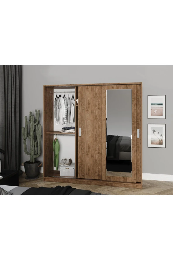 KZNMOB HOME Samira 3 Kapaklı Sürgülü Aynalı Gardrop Elbise Dolabı - Tamamı Ceviz Mdf - 2