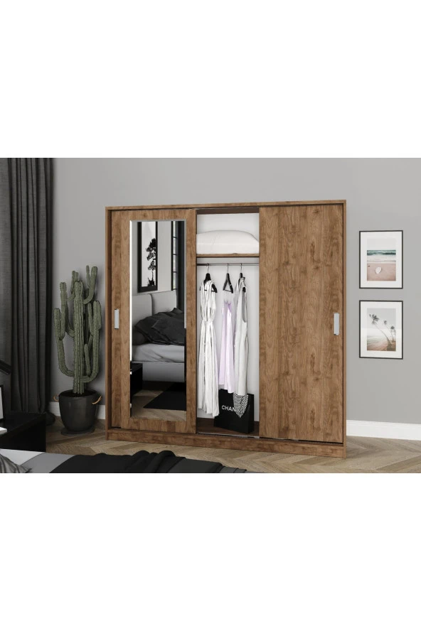 KZNMOB HOME Samira 3 Kapaklı Sürgülü Aynalı Gardrop Elbise Dolabı - Tamamı Ceviz Mdf - 3