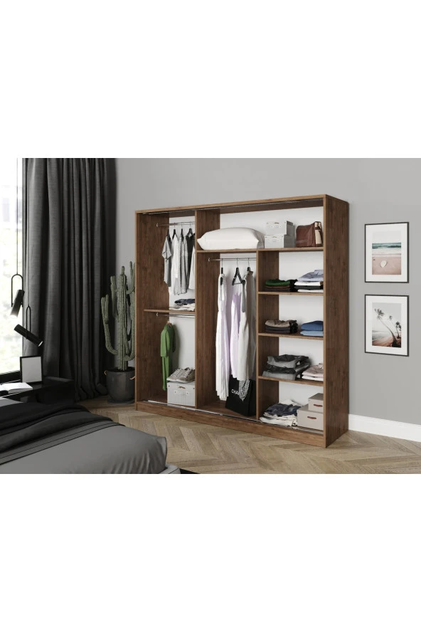 KZNMOB HOME Samira 3 Kapaklı Sürgülü Aynalı Gardrop Elbise Dolabı - Tamamı Ceviz Mdf - 4