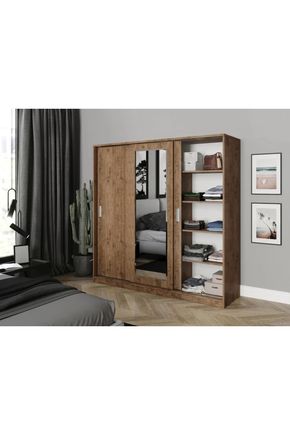 KZNMOB HOME Samira 3 Kapaklı Sürgülü Aynalı Gardrop Elbise Dolabı - Tamamı Ceviz Mdf - 5